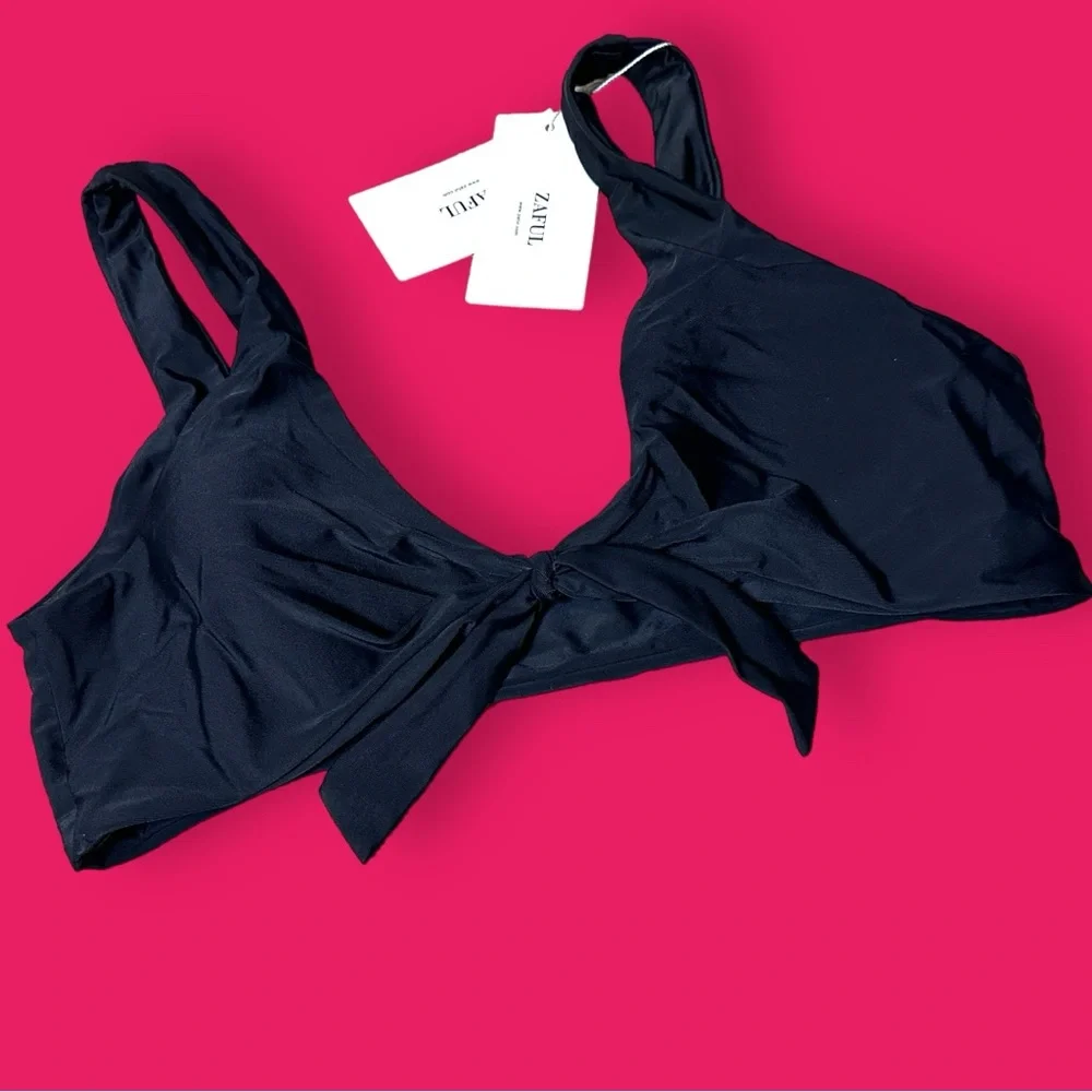 NWT Zaful Black Faux Front Tie Bikini Top. Size Large   👙☀️👙☀️👙 - Picture 2 of 8